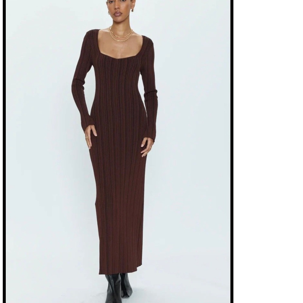 Pistola Brigitte Open Neckline Ribbed Knit Maxi Dress Brown S Bodycon Flattering